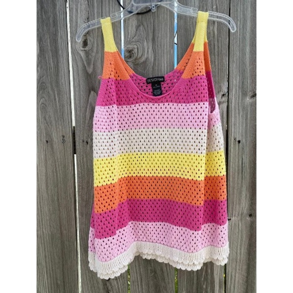 Design 365 Womens 1X Crochet Knit Striped Tank Top Pink Orange‎ Yellow Cotton